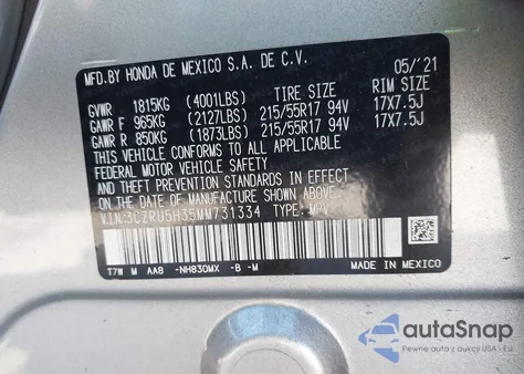 2021 Honda Hr-V 2Wd Lx из США, поврежденный, VIN 3CZRU5H35MM731334